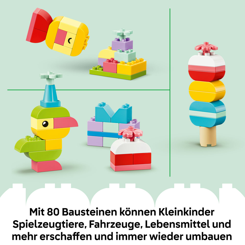 Bunte LEGO-Duplo-Bausteine formen Tiere, Eis und mehr.