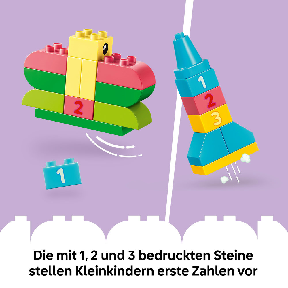 Bunte Bausteine bilden einen Schmetterling und eine Rakete.