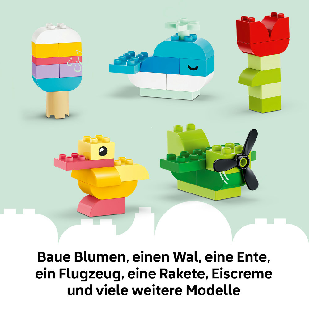 Lego-Kreationen: Eis, Wal, Ente, Flugzeug, Blume.