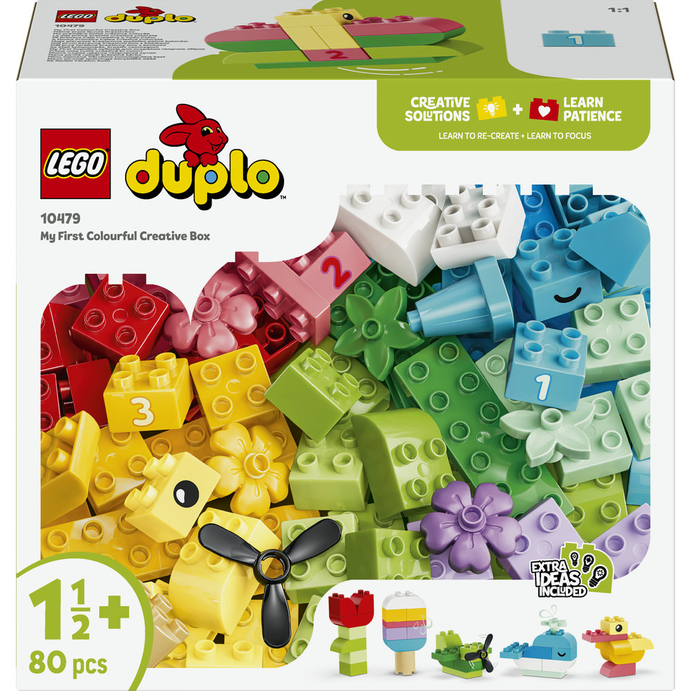 Bunte LEGO Duplo Steine und Bauteile in einer Box, mit Beispielen von Modellen.