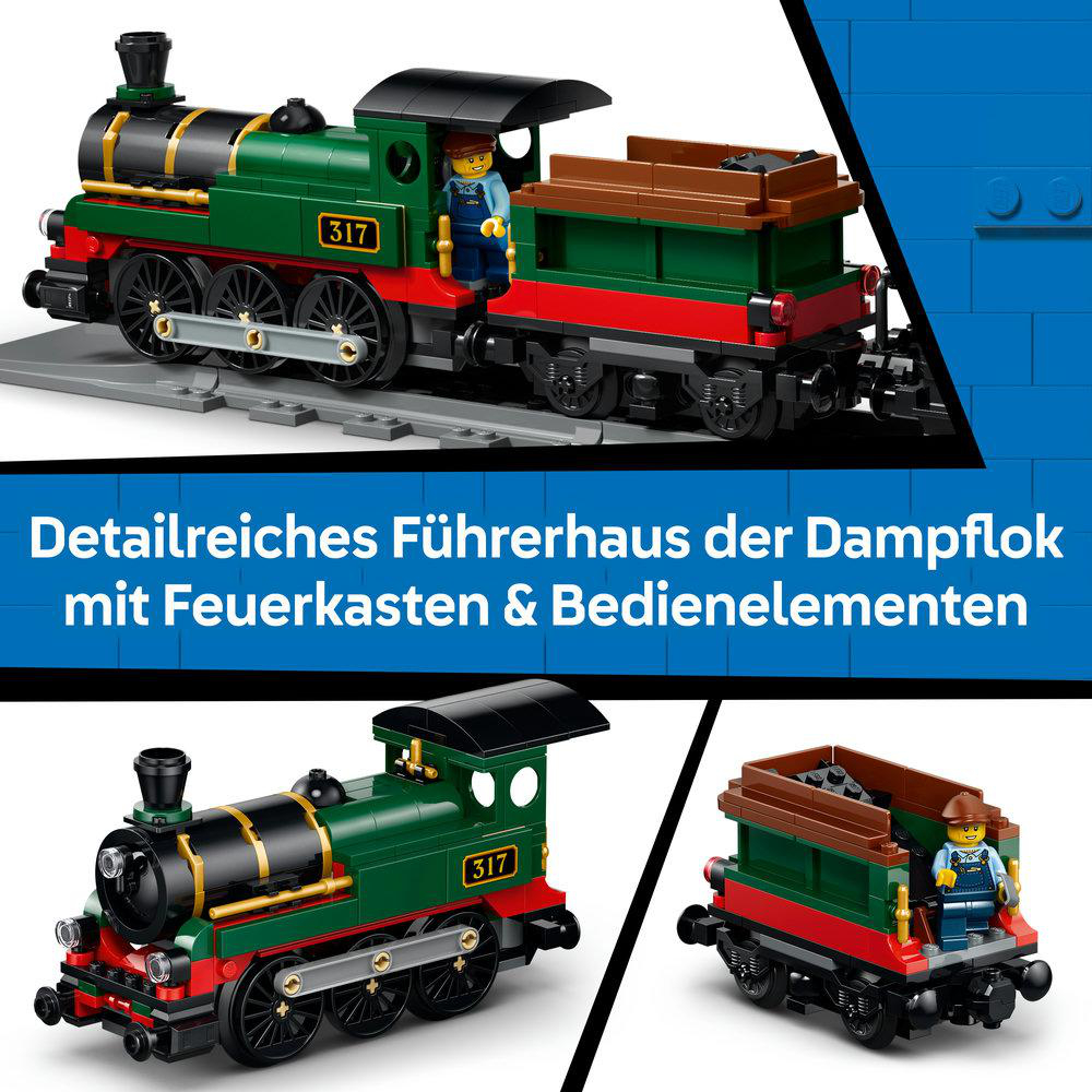Grüner LEGO-Dampfzug mit Nummer 317, Lokführer und detailliertem Führerhaus.