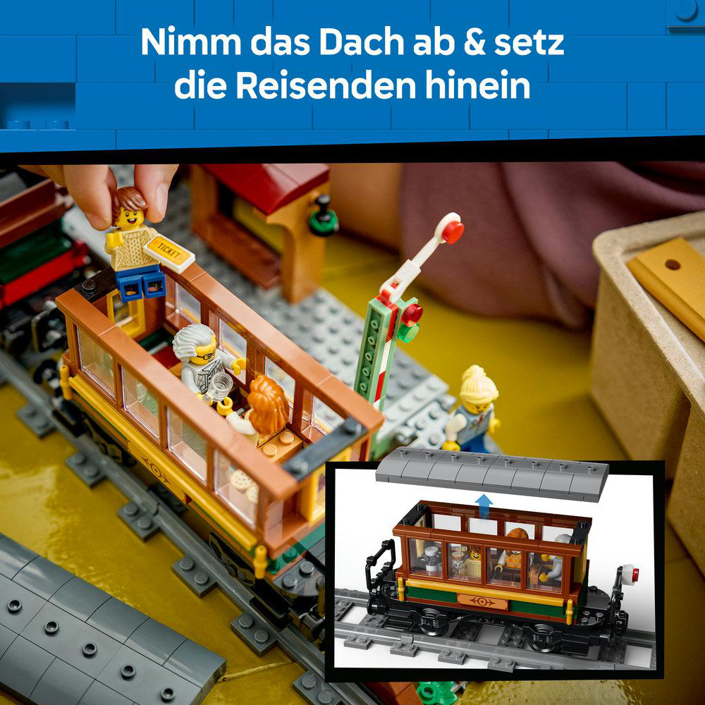 Bauanleitung für ein Lego-Zugmodell mit Figuren und Zubehör.
