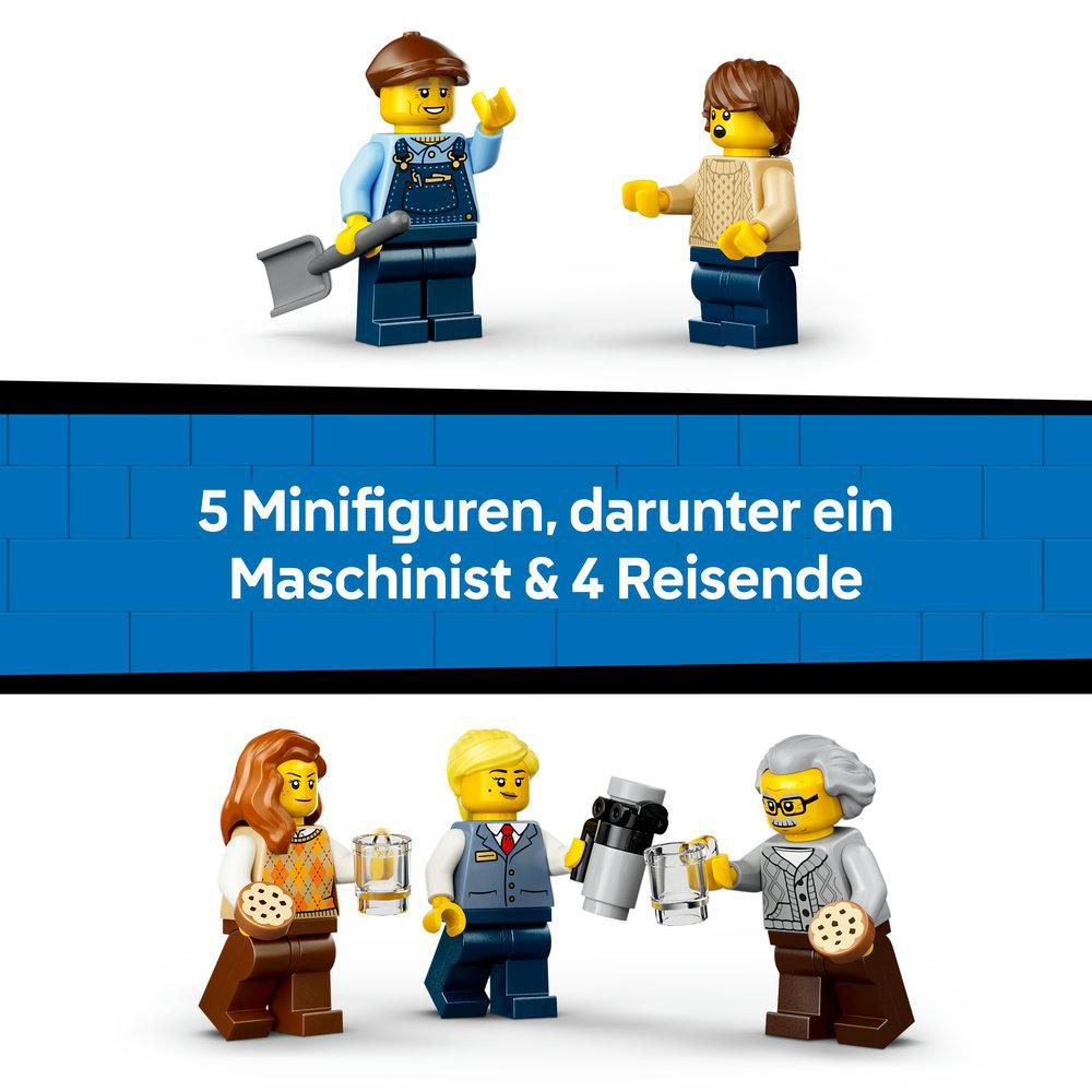 Fünf Lego-Minifiguren: Ein Maschinist und vier Reisende.