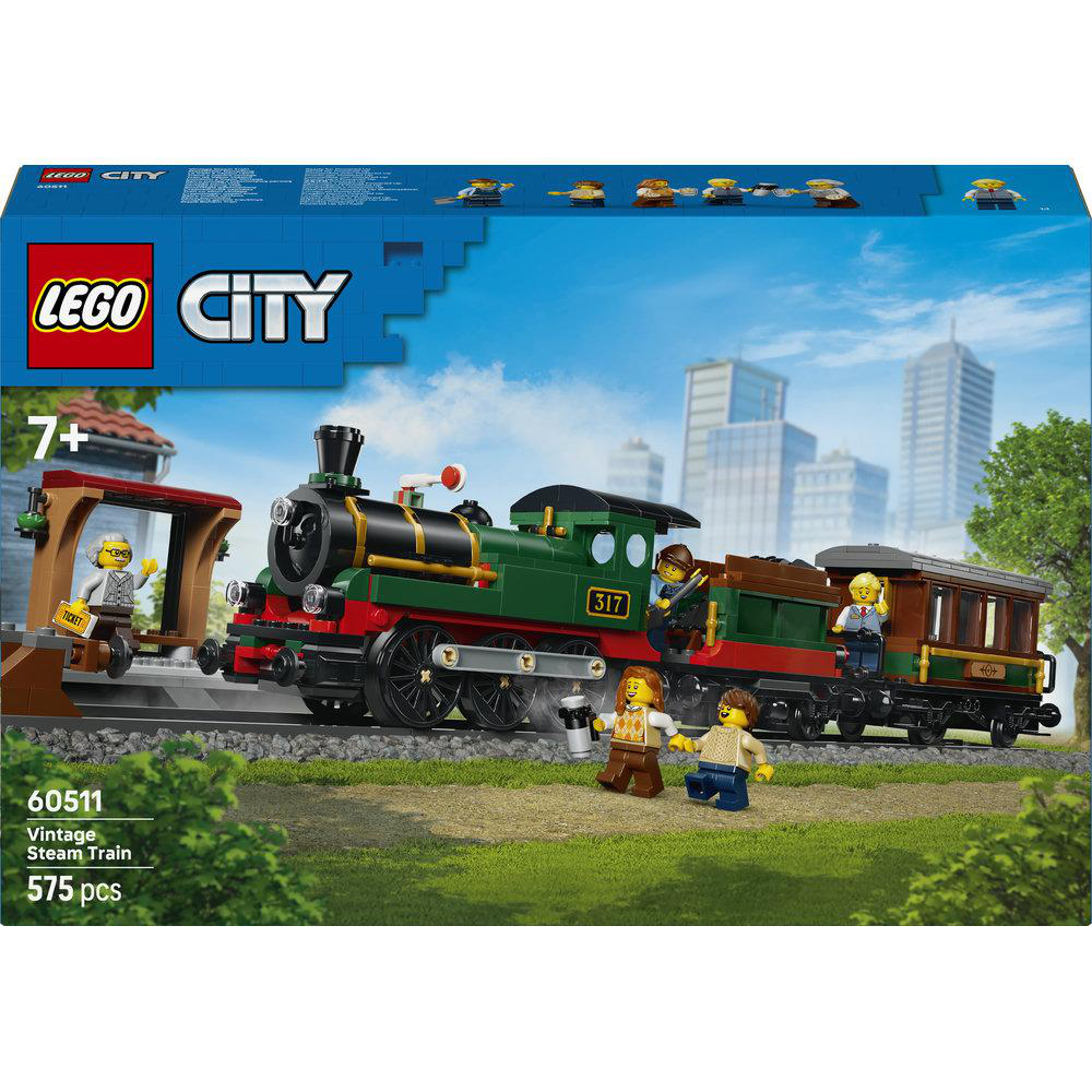 Lego City Dampfzug mit Figuren vor Stadtkulisse und Bäumen. Altersempfehlung 7+.