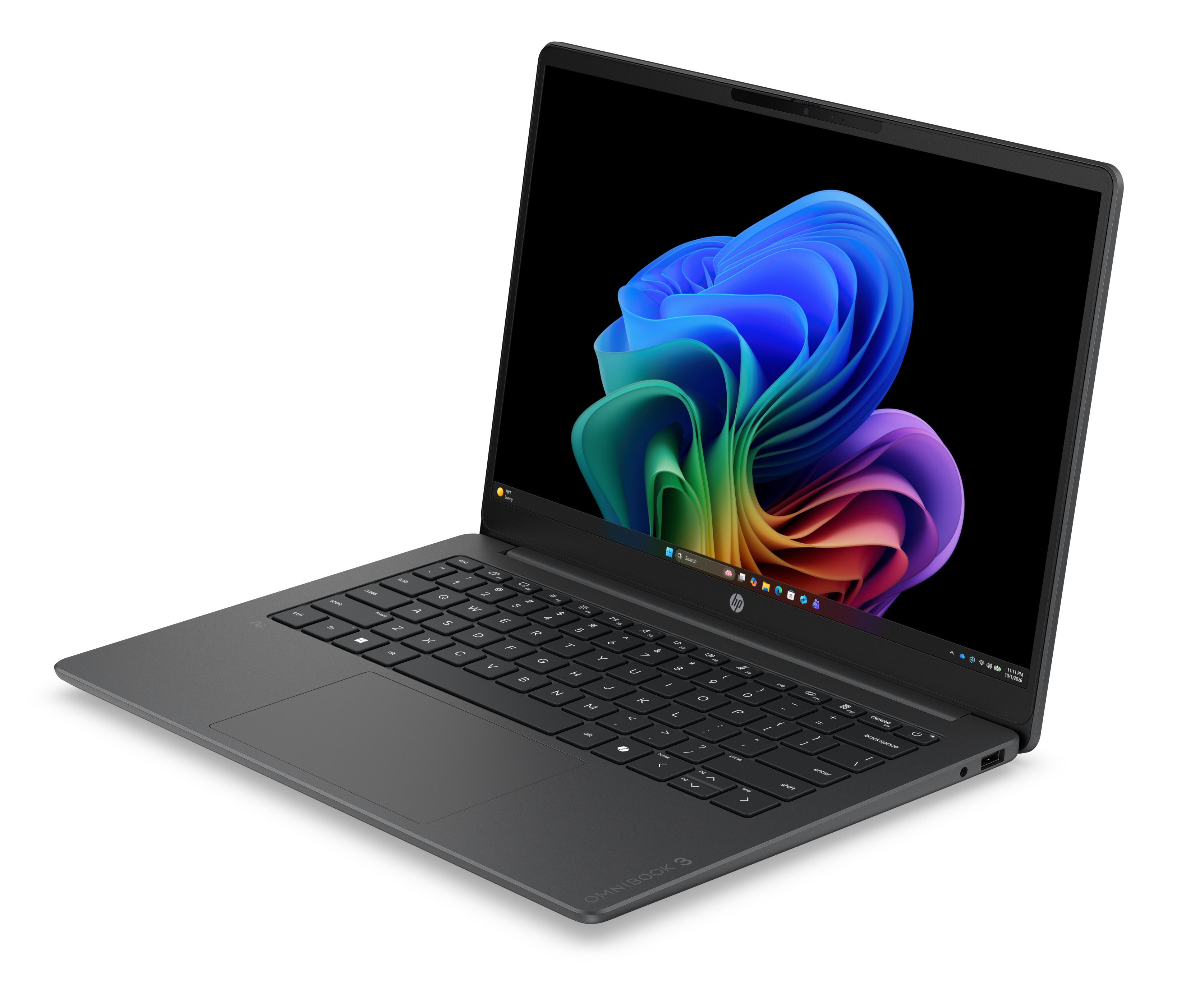 Ein graues HP Omnibook 3 Laptop mit buntem Hintergrundbild.