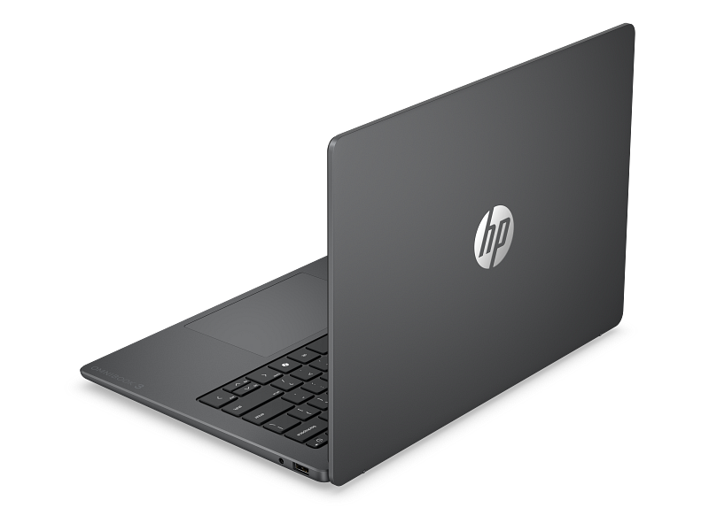 Ein dunkler HP Laptop mit geöffnetem Deckel und Tastatur.
