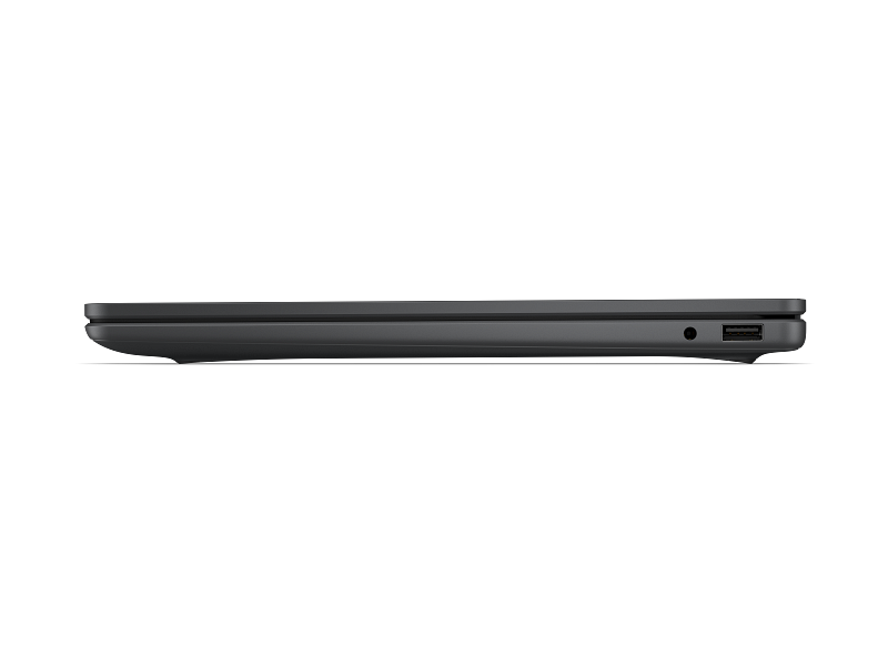 Seitliche Ansicht eines geschlossenen grauen Laptops mit USB-Anschluss.