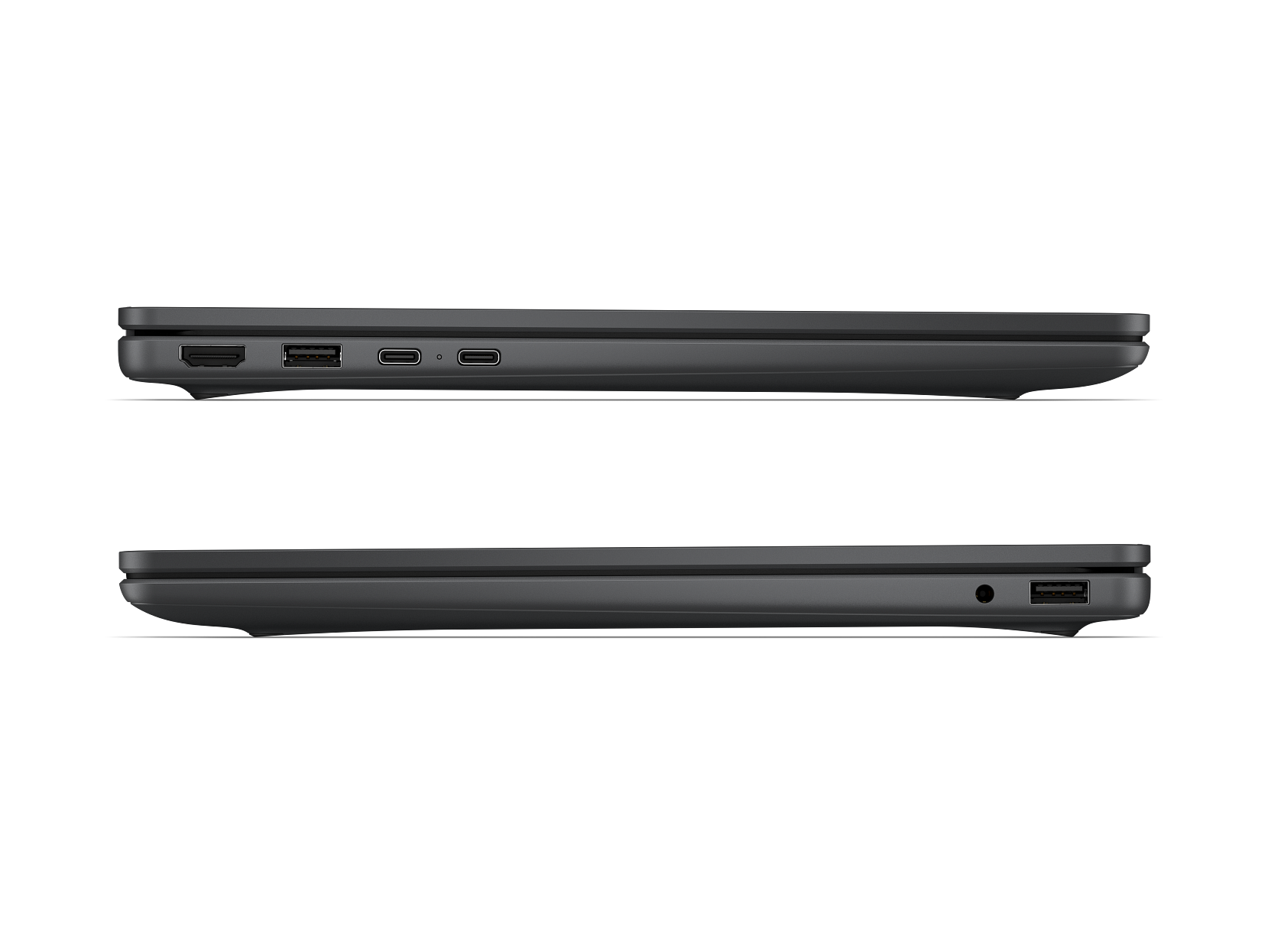 Obere und untere Kante eines dunklen Laptops mit Anschlüssen.