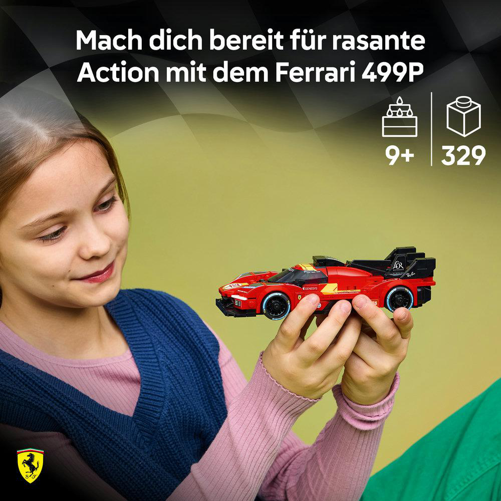 Mädchen hält roten Lego Ferrari 499P, 9+ Jahre, 329 Teile.