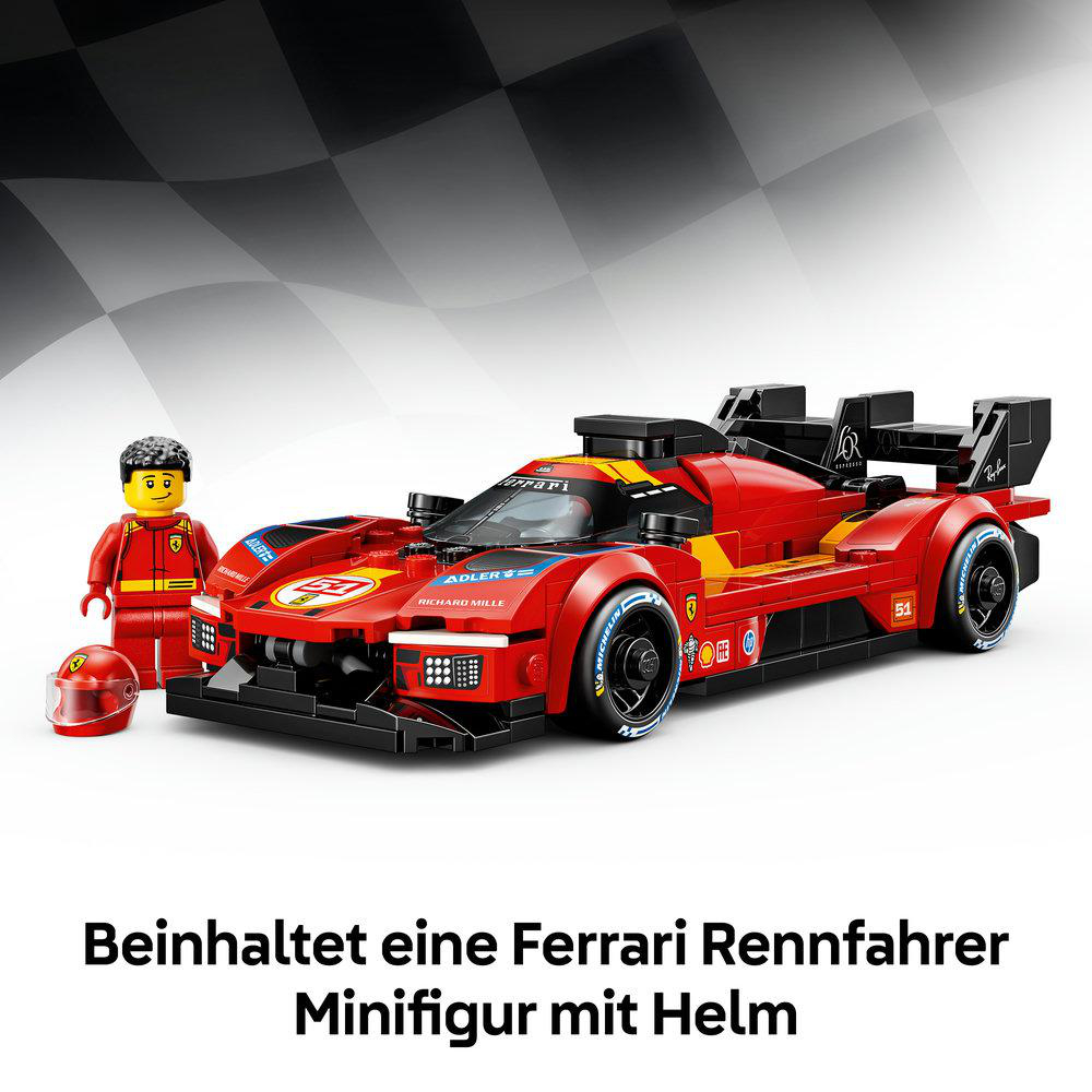 Rotes Ferrari-Rennwagenmodell mit Fahrer-Minifigur und Helm.