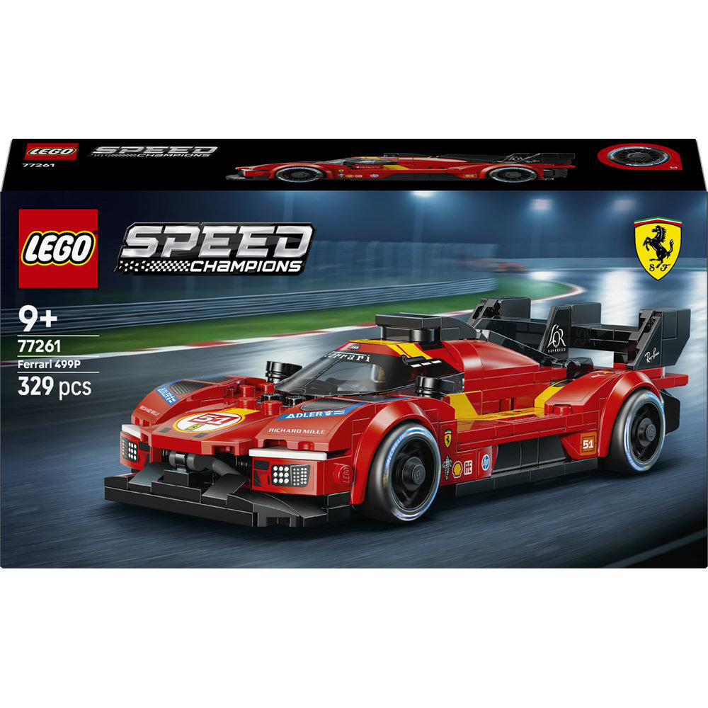 Lego Speed Champions Ferrari 499P Rennwagen-Set auf einer Rennstrecke.