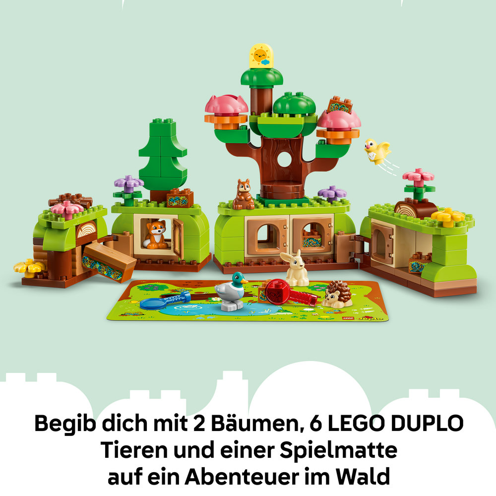 LEGO DUPLO Waldspielzeug mit Tieren, Bäumen und Spielmatte.