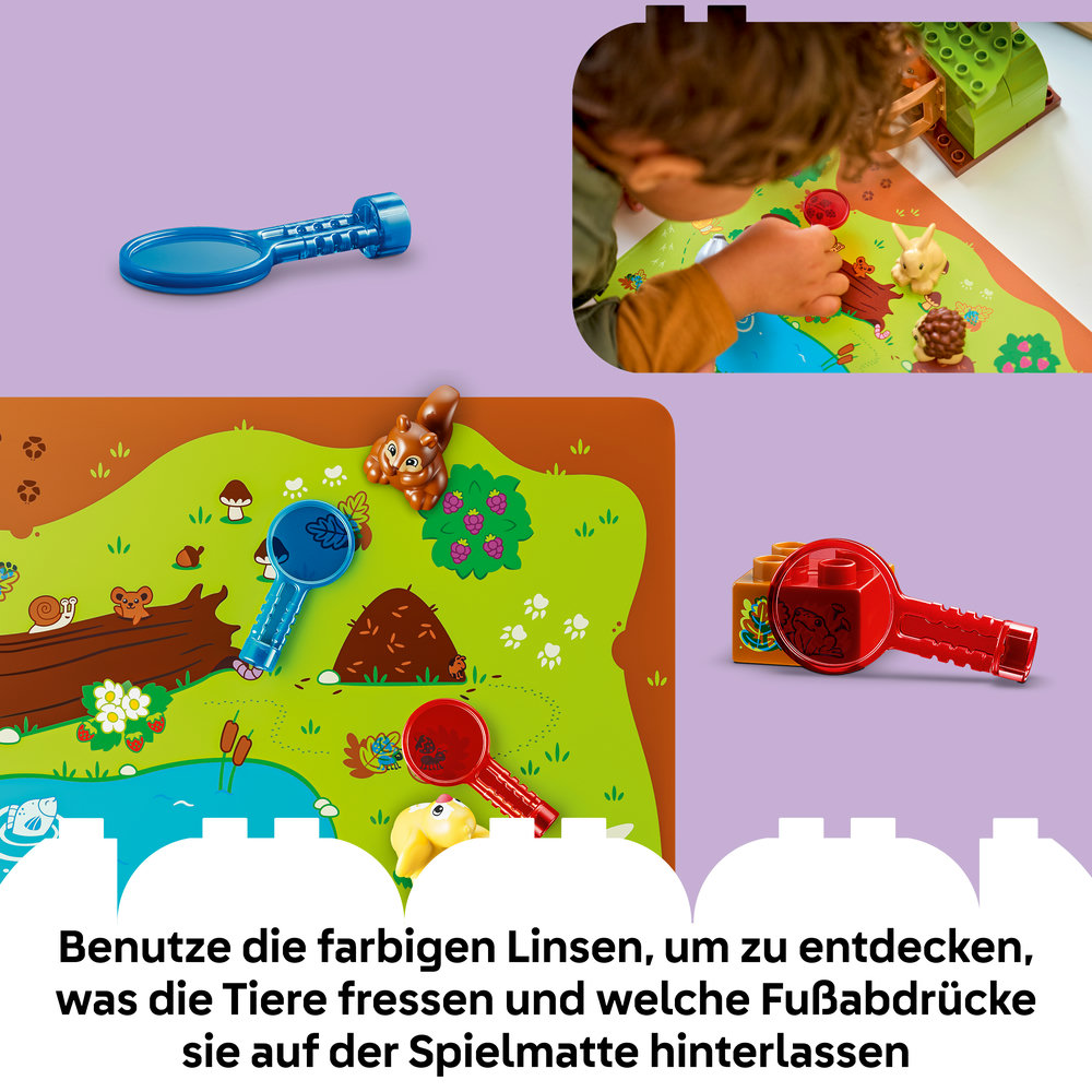 Ein Kind spielt mit einem Spielteppich, der Waldtiere zeigt. Blaue und rote Lupen liegen daneben.
