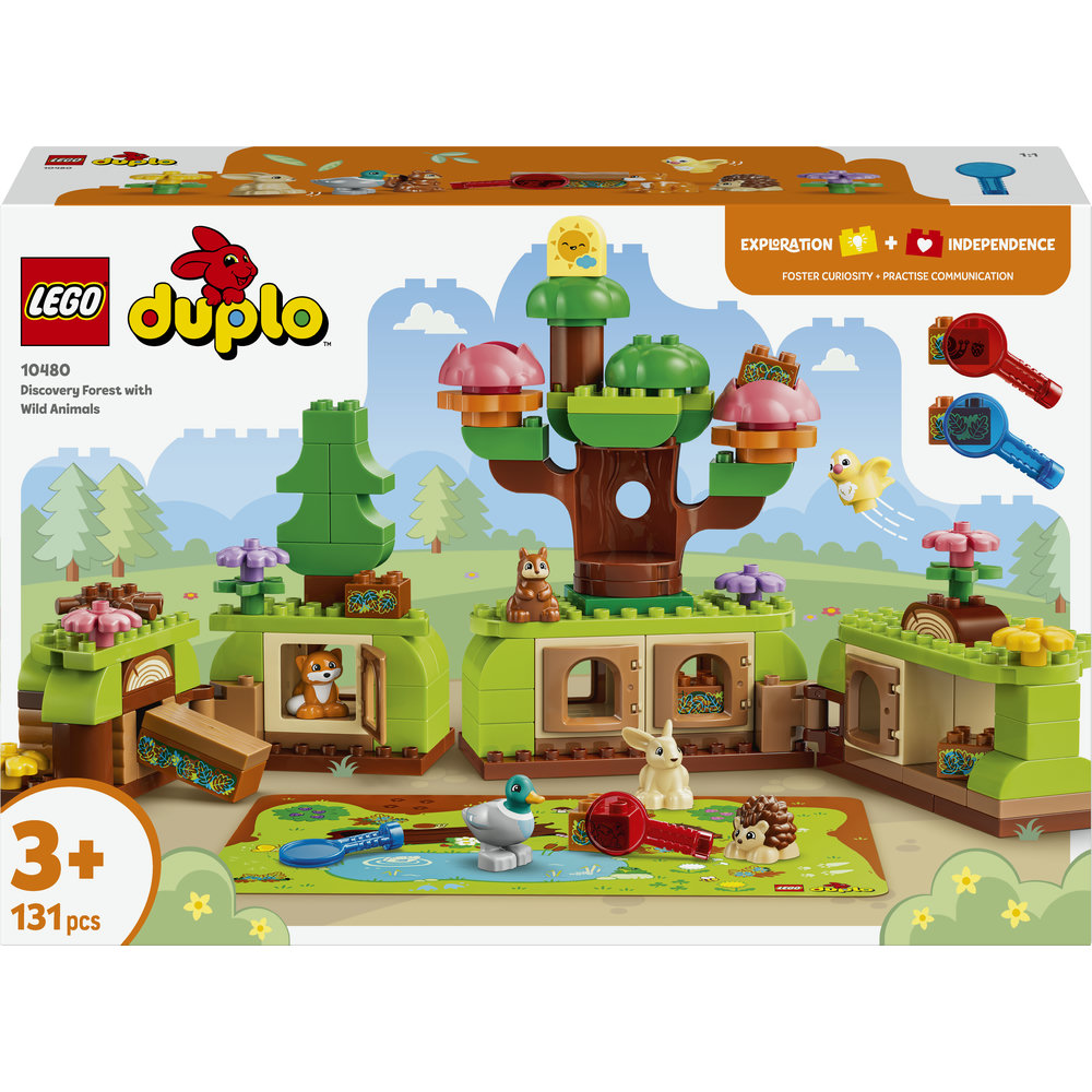 Lego Duplo Set "Discovery Forest with Wild Animals" mit Tieren, Bäumen und Häusern.