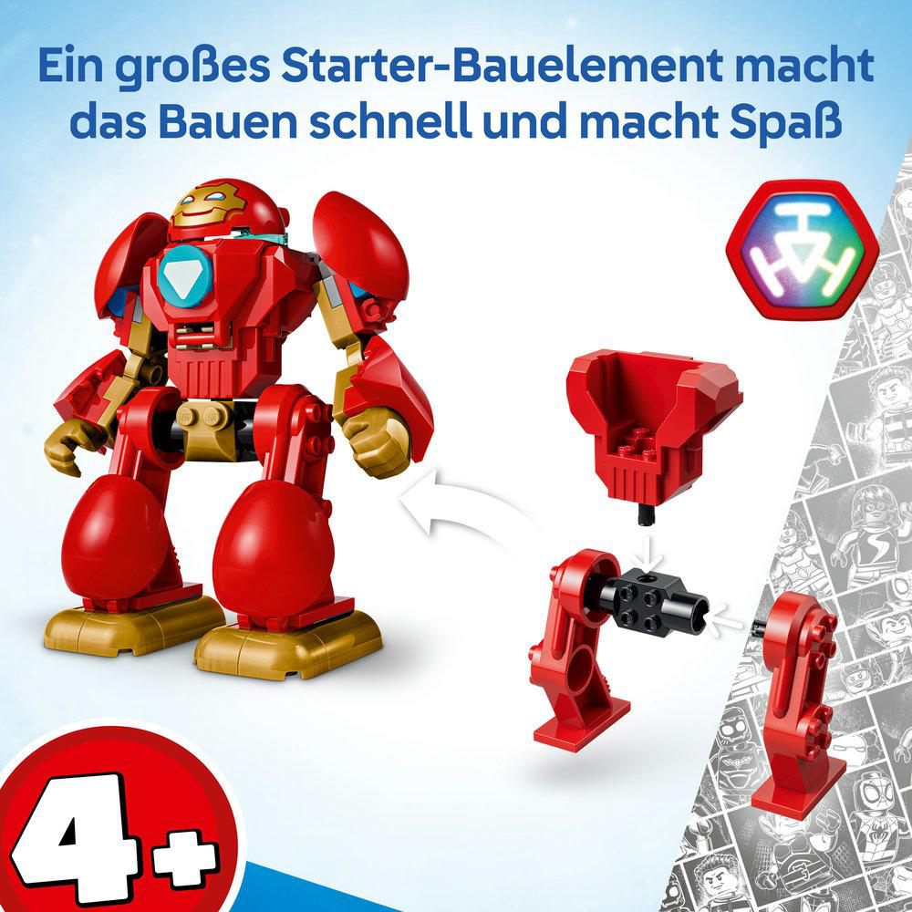 Ein roter und goldener Iron Man-Anzug mit Bauteilen und einem 4+ Logo.