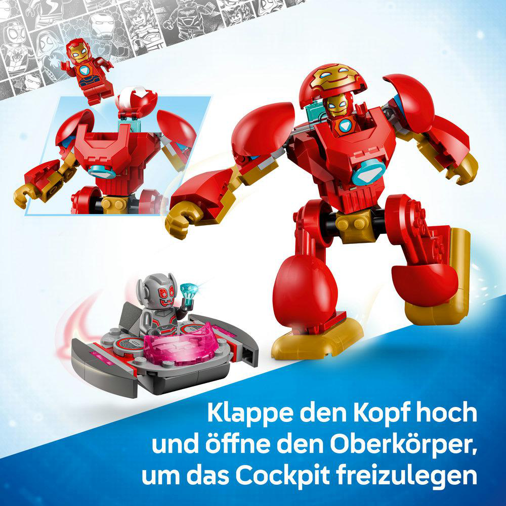 Lego Iron Man Mech mit Ultron in einem Fahrzeug. Comicbilder grenzen oben an.