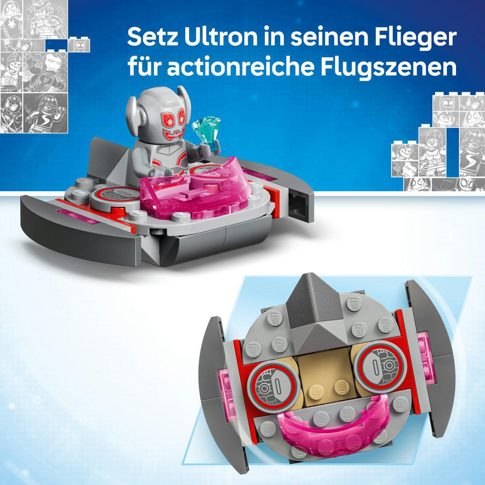 Ein Lego-Ultron-Minifigur in einem grauen Flieger mit pinken Akzenten.