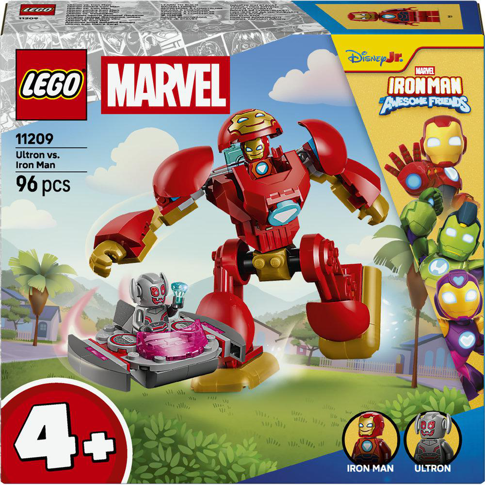 LEGO Marvel Set-Verpackung: Roter Iron Man Mech kämpft gegen Ultron auf einem Schwebe-Pad. 96 Teile.
