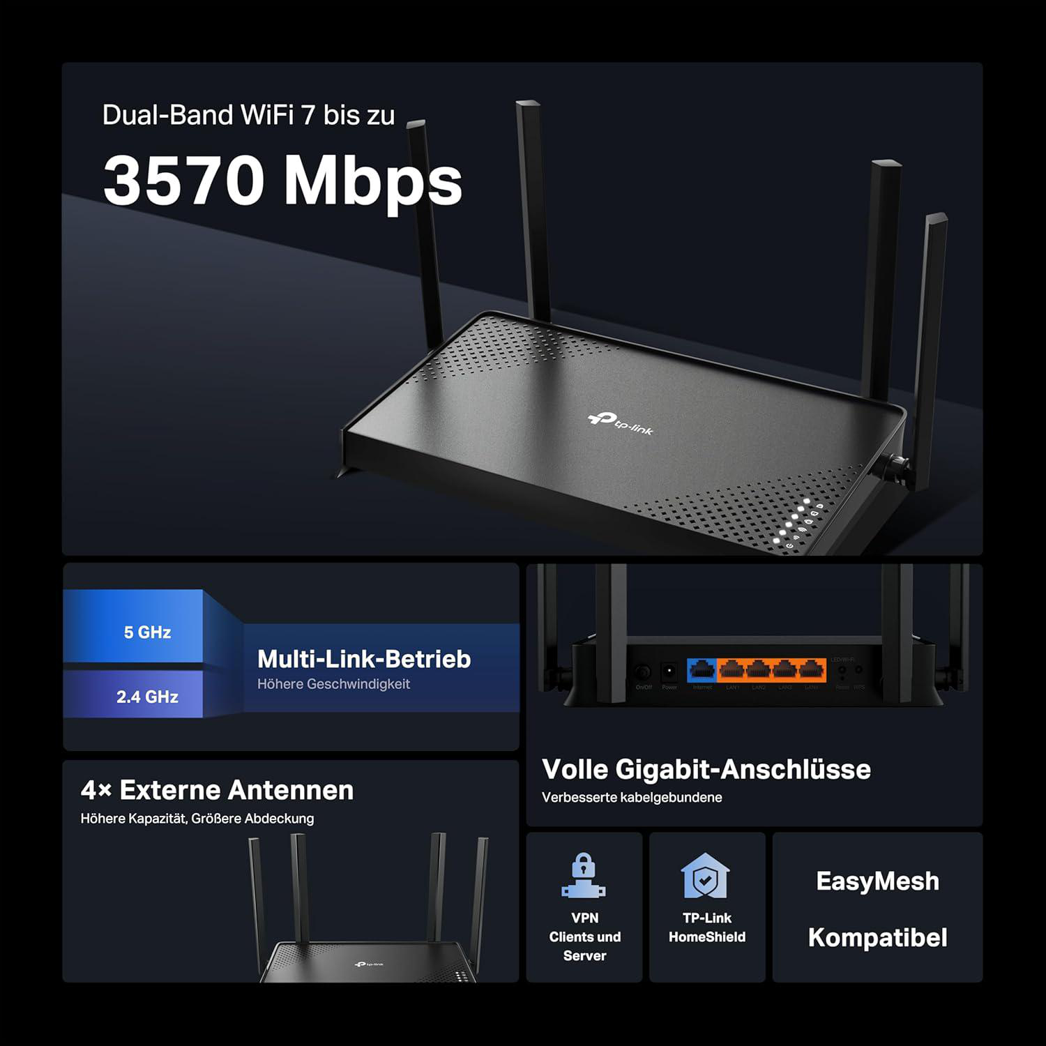 TP-Link Dual-Band WiFi 7 Router mit 3570 Mbps, 4 externen Antennen und Gigabit Anschlüssen.