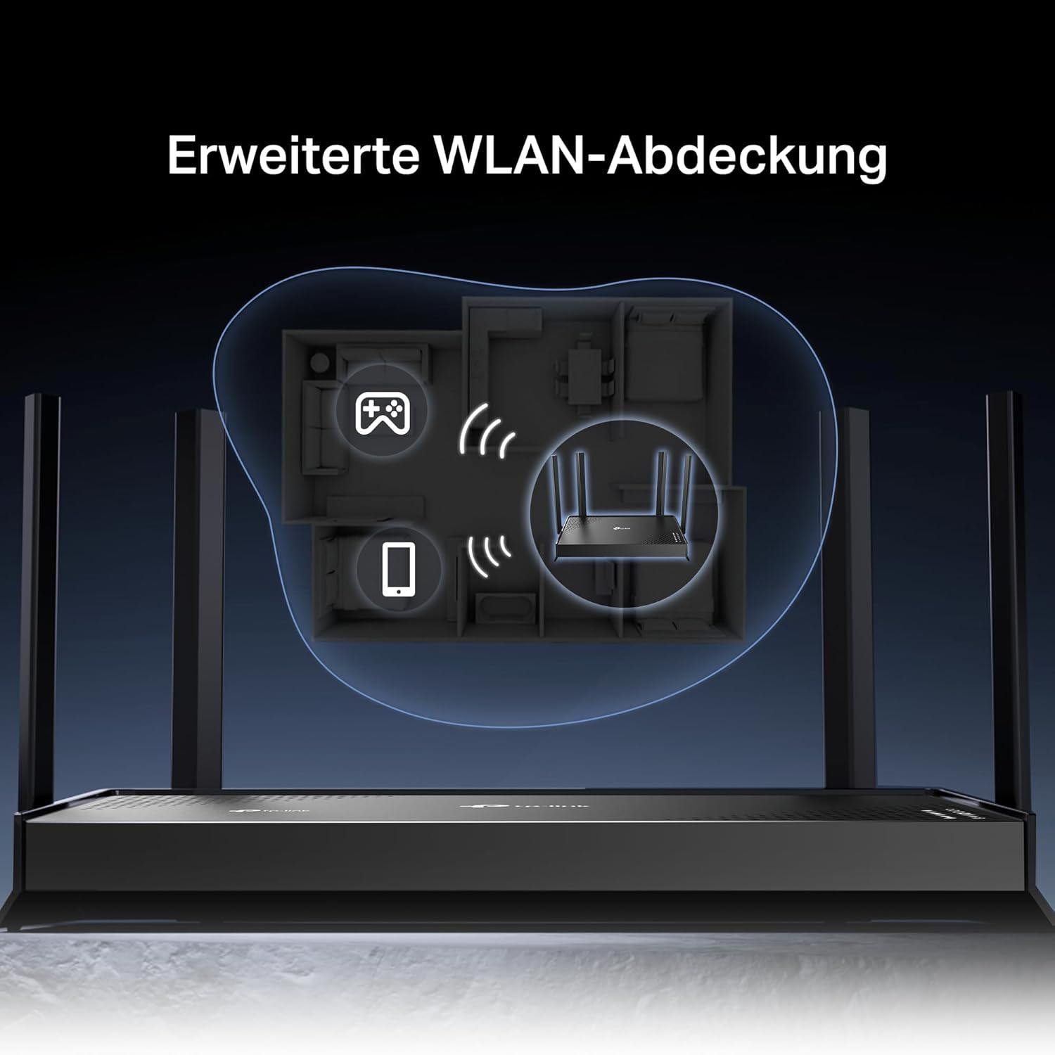 Ein schwarzer WLAN-Router mit Antennen, der eine erweiterte Abdeckung zeigt.