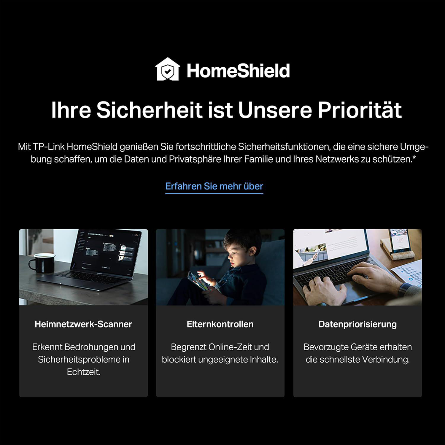 HomeShield: Ein Laptop mit Heimnetzwerk-Scanner, ein Kind mit Elternkontrollen, Hände am Laptop mit Datenpriorisierung.
