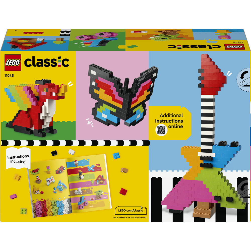 LEGO Classic Box mit Drachen-, Schmetterlings- und Gitarrenmodellen.