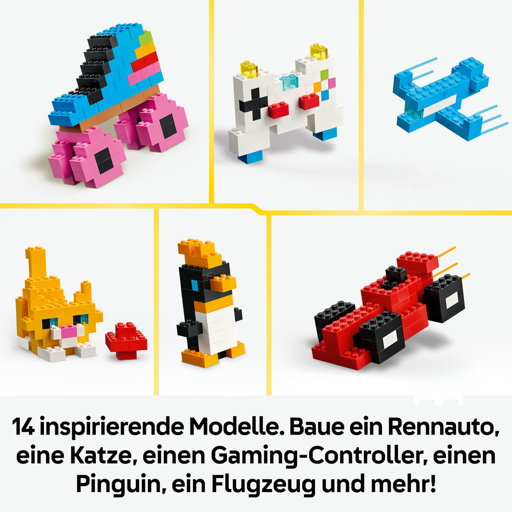 Lego-Modelle: Rollschuh, Controller, Flugzeug, Katze, Pinguin, Rennauto.