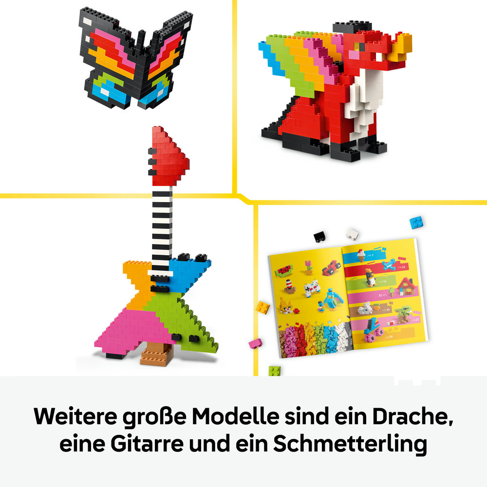 Bunte Lego-Modelle: Schmetterling, Drache, Gitarre und Bauanleitung.