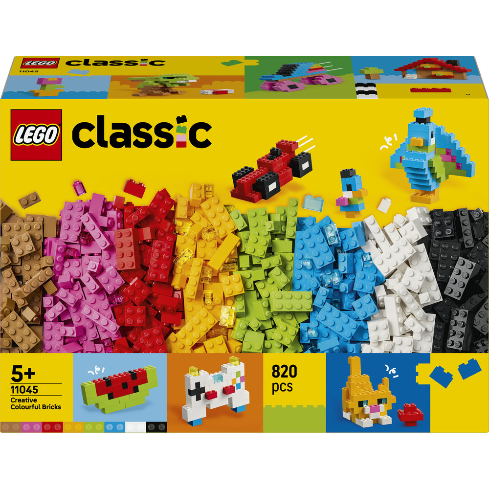 LEGO Classic Baukasten mit bunten Steinen, Rennauto, Vogel und mehr.