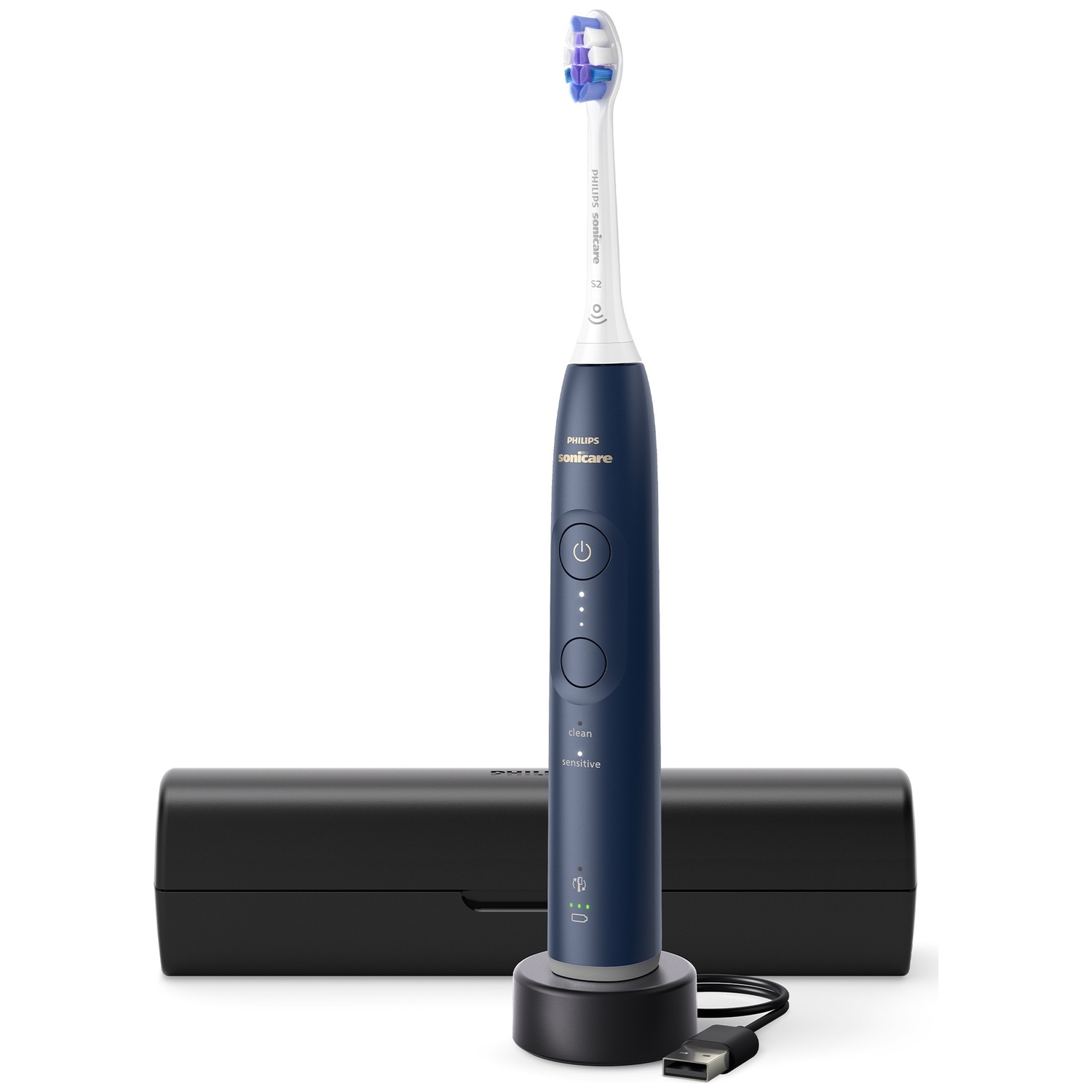 Une brosse à dents électrique Philips Sonicare bleu foncé avec chargeur et étui.