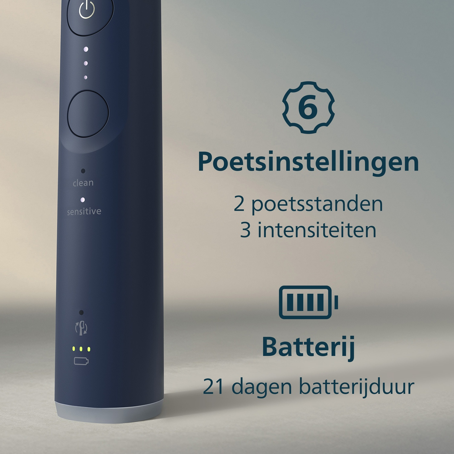 Donkerblauwe tandenborstel met 6 poetsinstellingen, 2 standen, 3 intensiteiten, 21 dagen batterijduur.