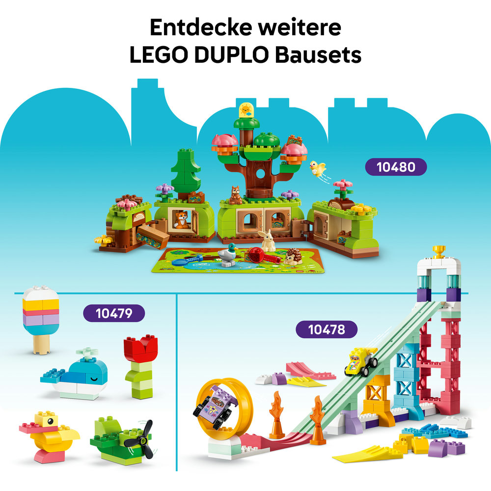 LEGO DUPLO Bausets: Wald, Rennstrecke und Eis am Stiel.