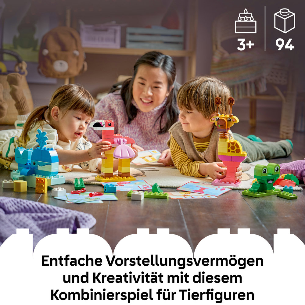 Kinder bauen mit Lego Duplo Tiere, darunter ein Wal, Flamingo, Giraffe und Frosch.