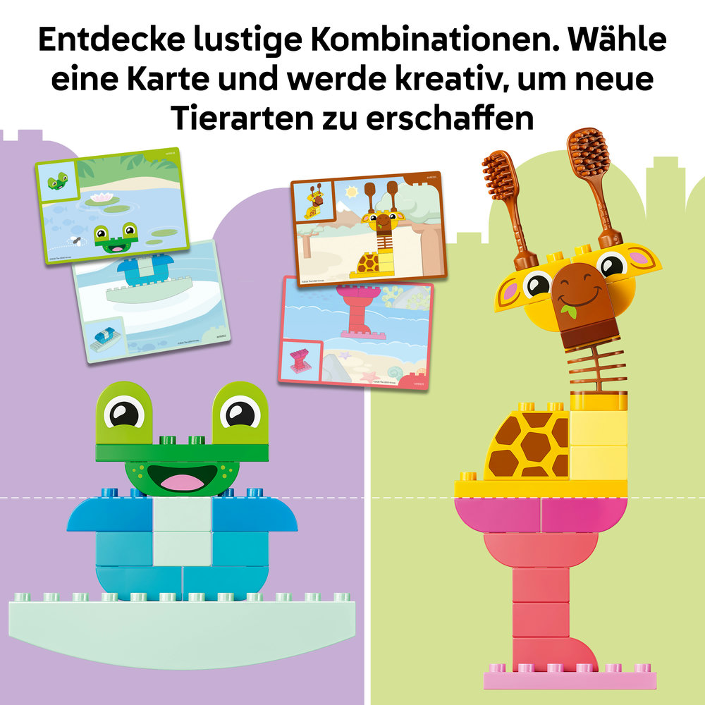 Bunte Legosteine bilden einen Frosch und eine Giraffe. Karten zeigen Bauanleitungen.