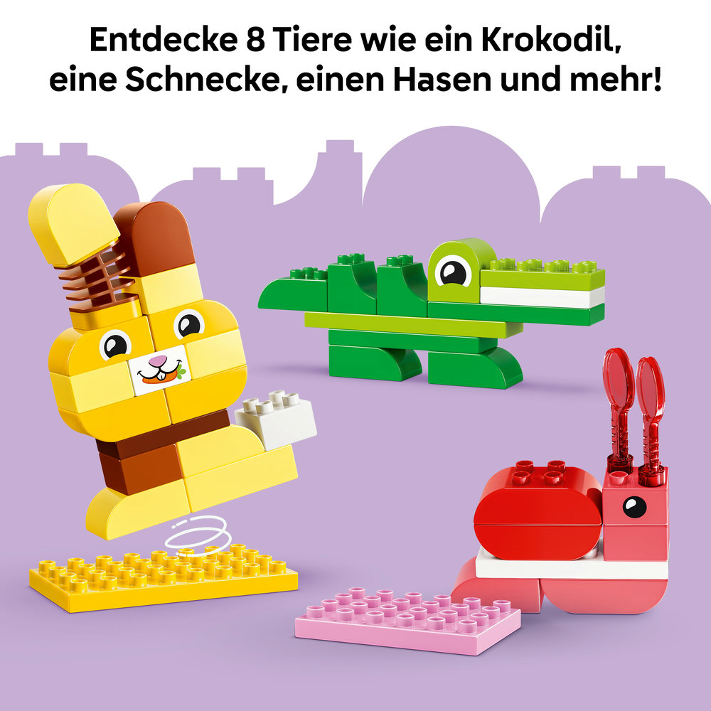 Bunte LEGO-Bauspielzeugtiere: Hase, Krokodil und Schnecke auf lila Hintergrund.