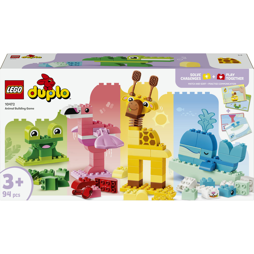 LEGO Duplo Bausatz mit Frosch, Flamingo, Giraffe und Wal.