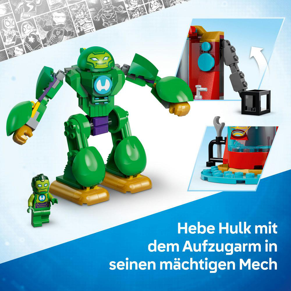 Grüner Mech mit Minifigur und Aufzugarm-Detail.
