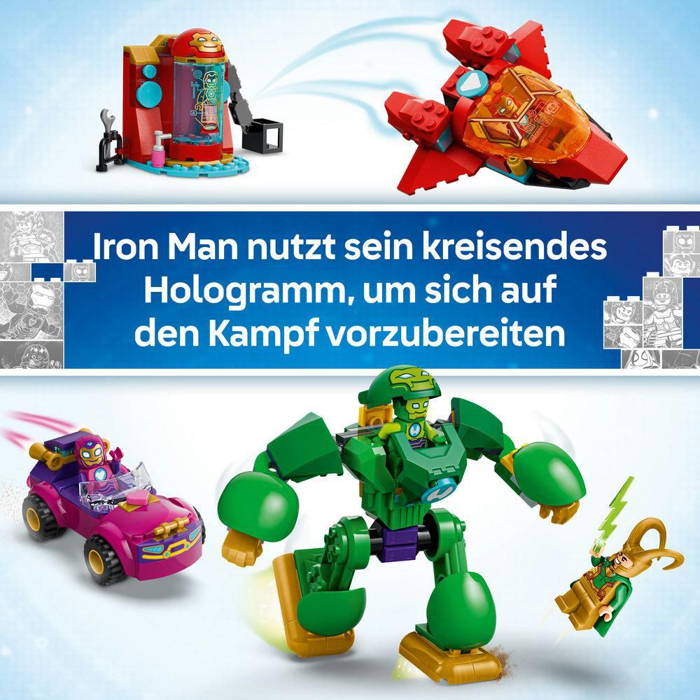 Lego Iron Man Hologramm, rotes Jet, grüner Mech-Anzug, lila Auto, Loki-Figur.