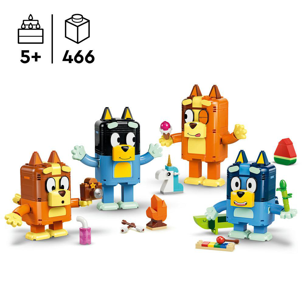 Spielzeugfiguren der Bluey-Serie mit Zubehör wie Eis und Einhorn.