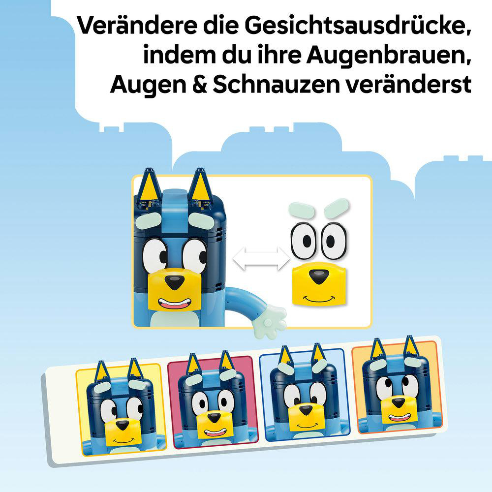 Bluey Spielzeug zeigt Gesichtsteile: Augen, Augenbrauen, Nase, Mund.