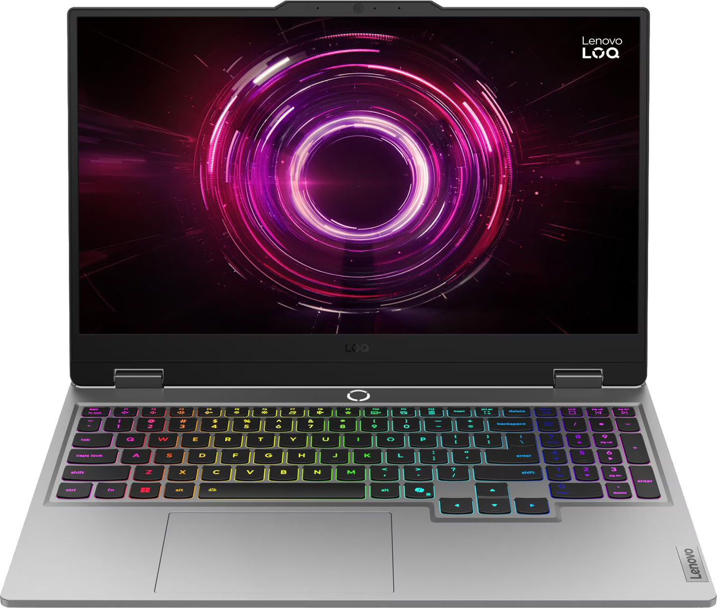 Egy nyitott szürke laptop színes billentyűzettel és digitális grafikával a képernyőn.