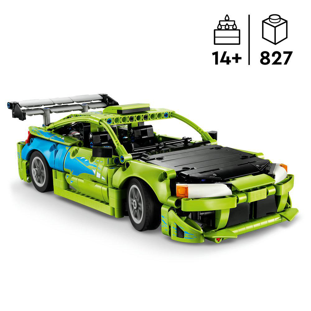 Ein grüner und blauer Spielzeugrennwagen mit Spoiler und detaillierter Vorderseite.