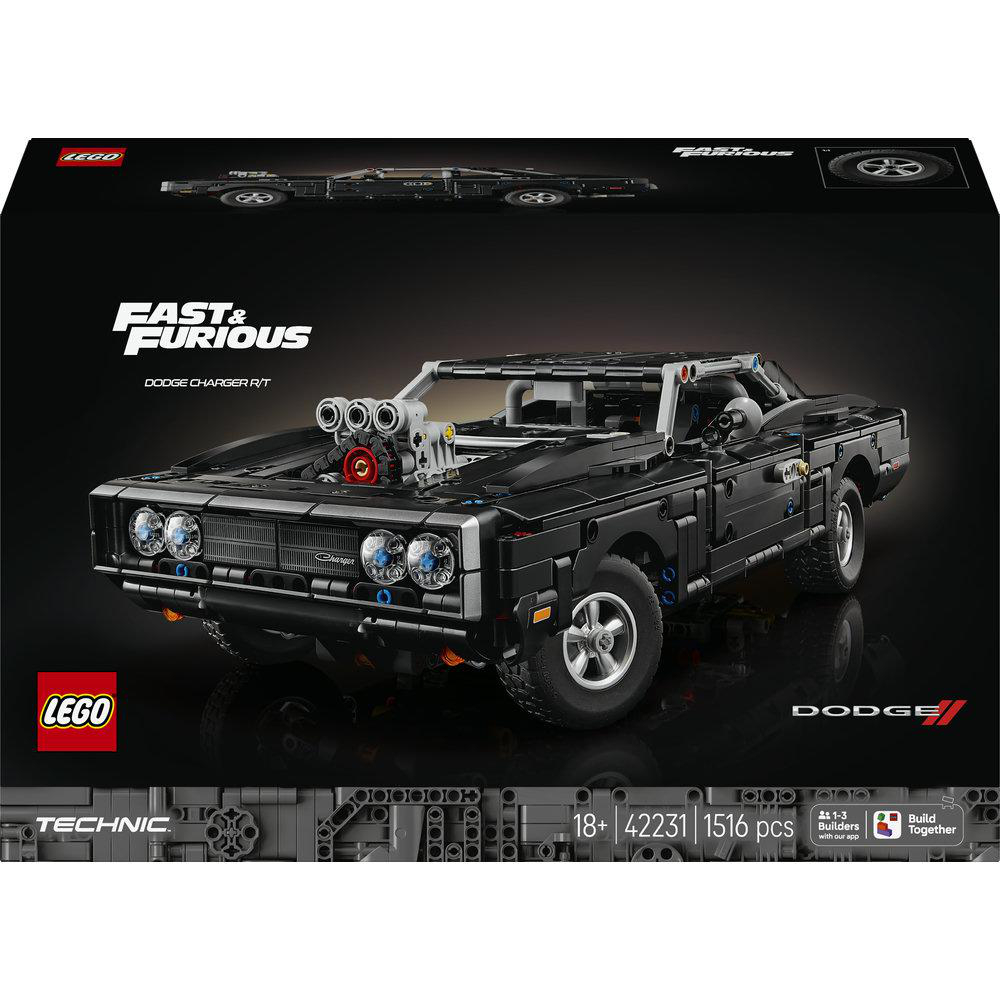 LEGO Technic Dodge Charger R/T aus Fast & Furious Set. Schwarzes Automodell auf Box.
