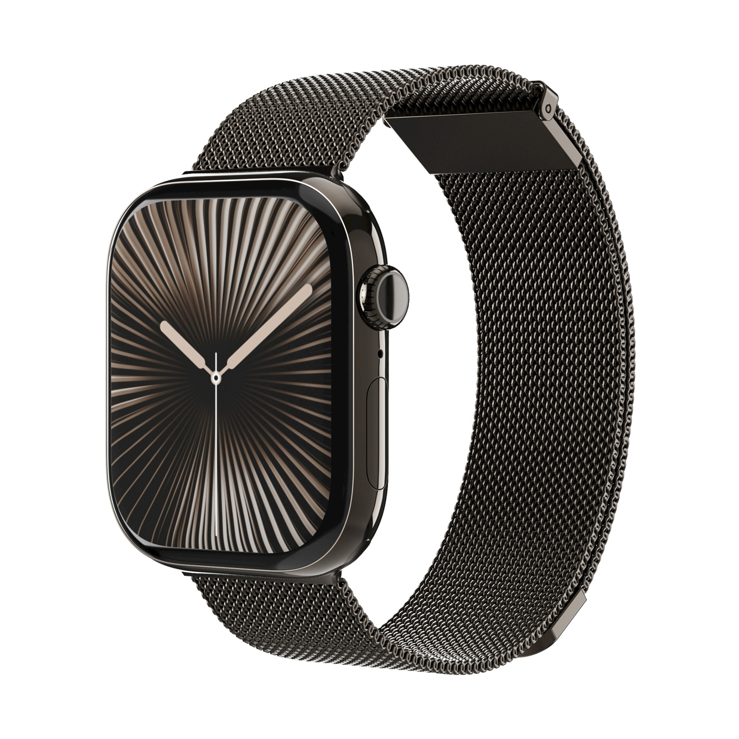 Smartwatch nero con cinturino milanese e quadrante elegante.