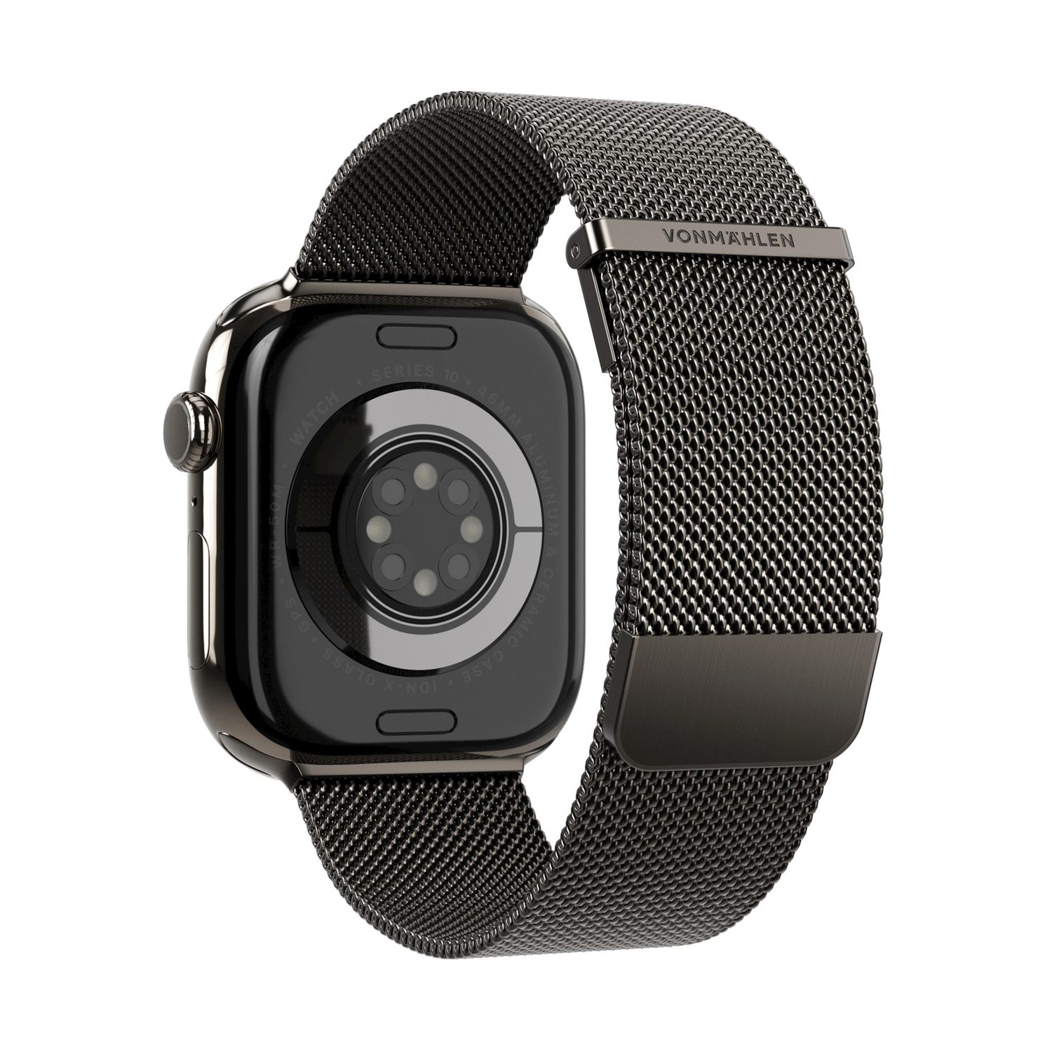 Smartwatch grigio scuro con cinturino milanese e sensori sul retro.