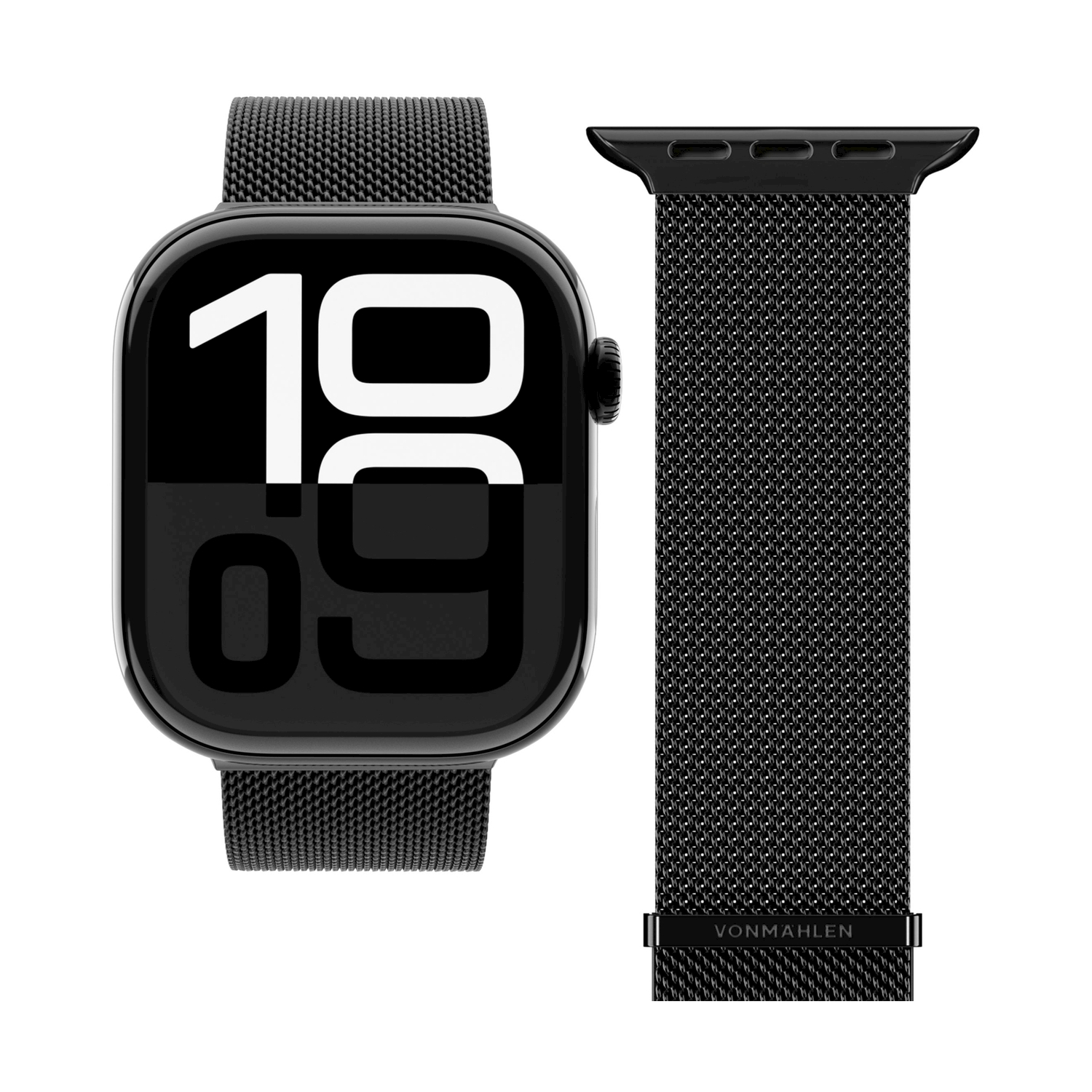 Smartwatch nero con cinturino in mesh e cinturino in mesh separato.