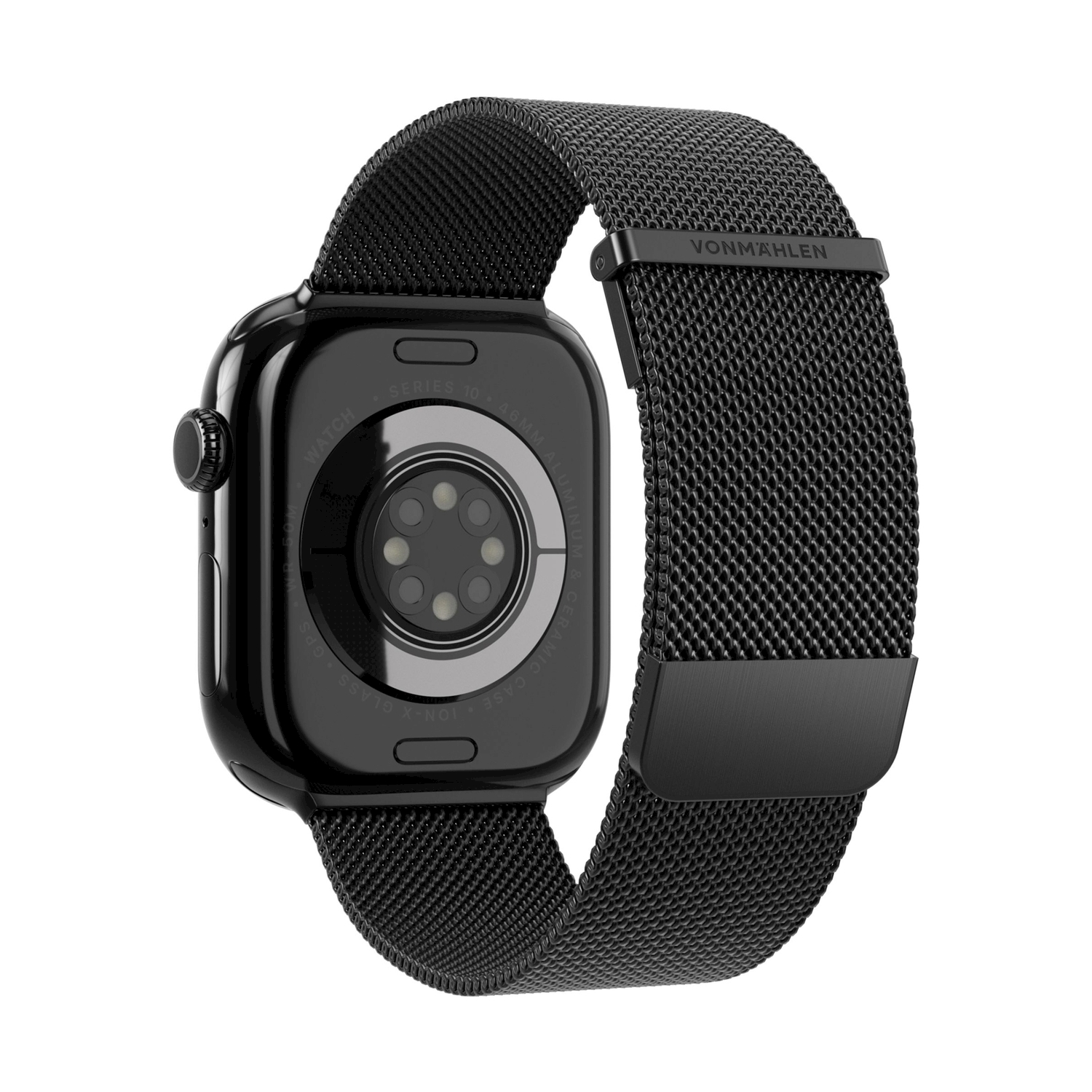 Smartwatch nero con cinturino milanese nero, retro con sensori e iscrizione.