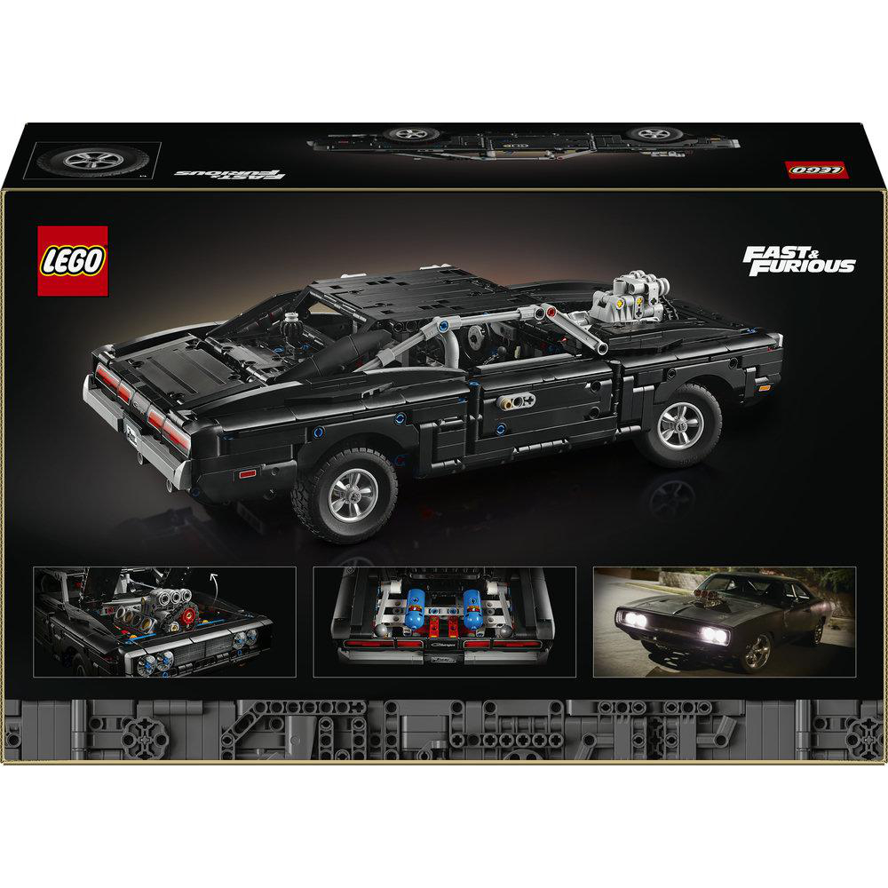 Schwarzer LEGO Technic Dodge Charger SRT Hellcat mit V8-Motor und Türen zum Öffnen.