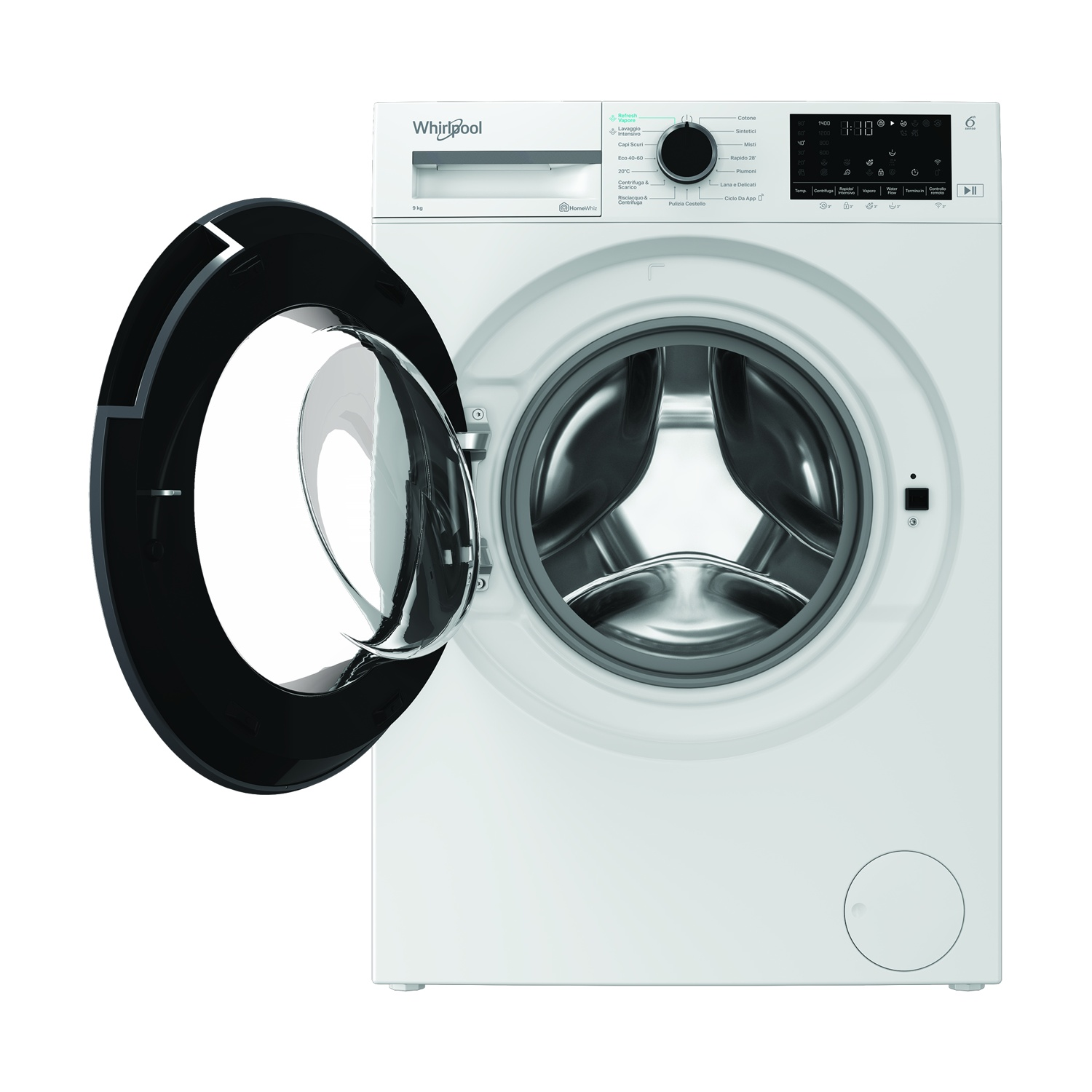 Una lavatrice Whirlpool bianca con oblò nero aperto, che mostra il cestello argentato.