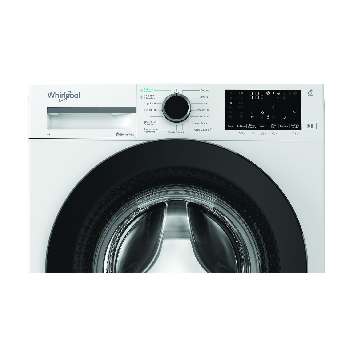 Moderna lavatrice bianca Whirlpool con pannello digitale e oblò nero.